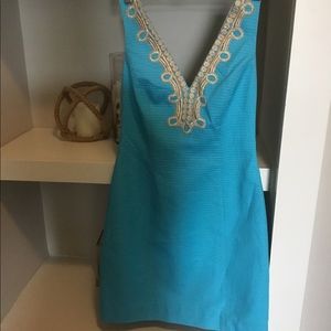 Lilly Pulitzer Aqua Dress Gold Embroider